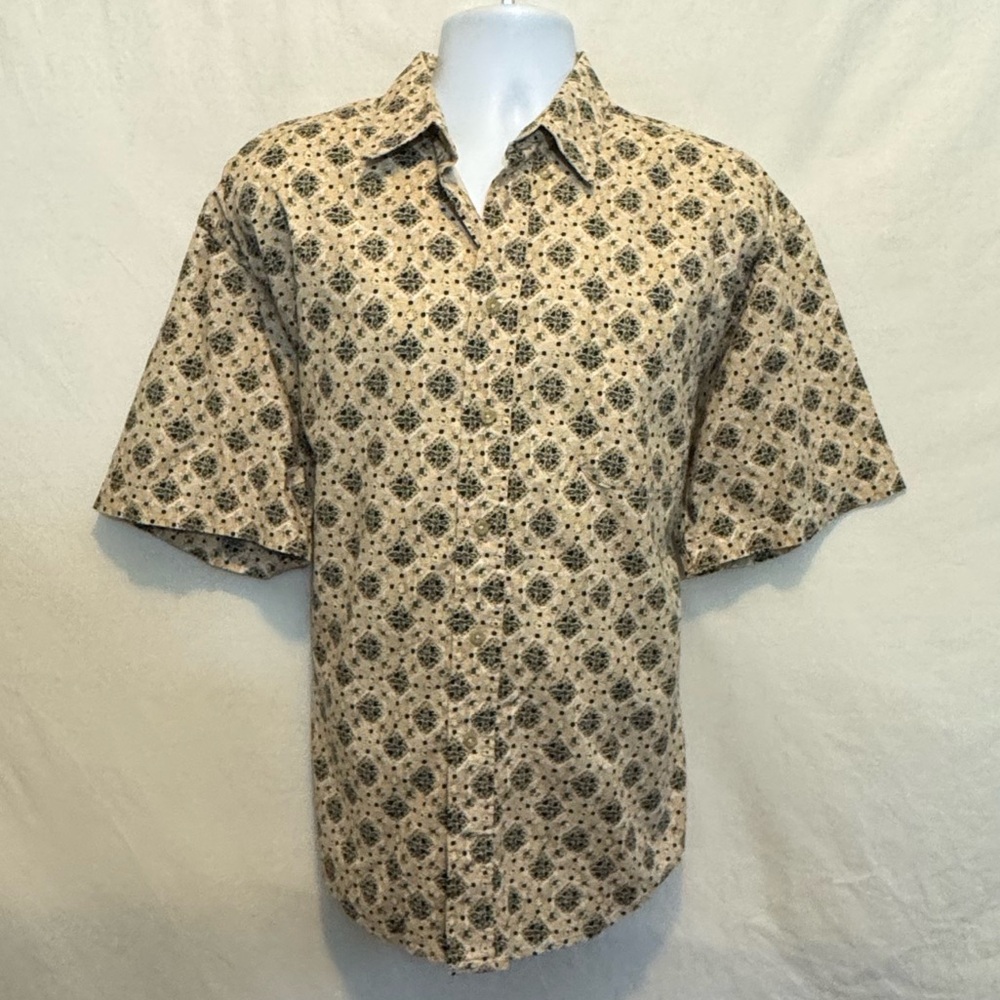 C-163 Men’s Natural Issue Cream Black & Green Casual Button Down‎ Shirt Size L